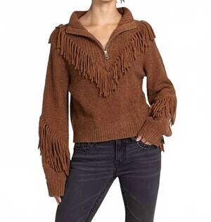 NEW MISS ME turtleneck 1/4 zip with fringe top in camel